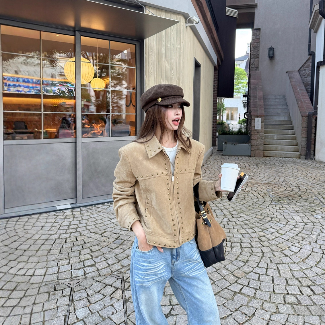 Real Shot of 2025 Autumn and Winter Suede Studded Casual Retro Heavy-Duty Padded Shoulder Short Jacket Biker Jacket for Women