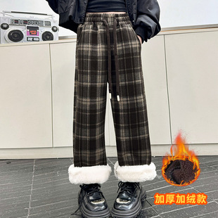 Girls' Velvet Thickeneded Pants Imitation Rabbit Fur Winter 2025 Older Children's Autumn and Winter Clothing Internet Celebrity Family Clothing Plaid Wide-Leg Pants