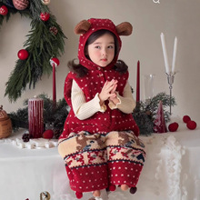 女童套装圣诞服饰2025女童加厚羊羔毛球球帽子背带裤冬儿童毛衣潮