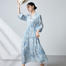 水墨【丝麻混纺】小众高端设计连衣裙2026夏晕染收腰大摆裙子3795