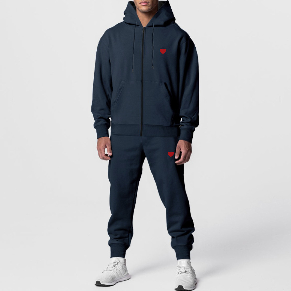 Men's Clothing autumn and winter men's love thick plate printing long sleeved trousers hooded sports leisure fleece warm and comfortable set_viptrois.com