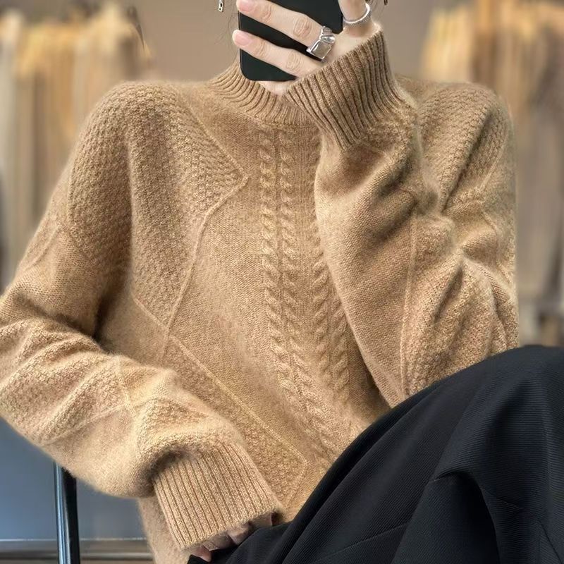 Authentic High-Quality Warm Half-Turtleneck Cashmere Sweater for Women 2025 Autumn and Winter Thick Loose Cable Knit Solid Color Versatile Sweater Trendy