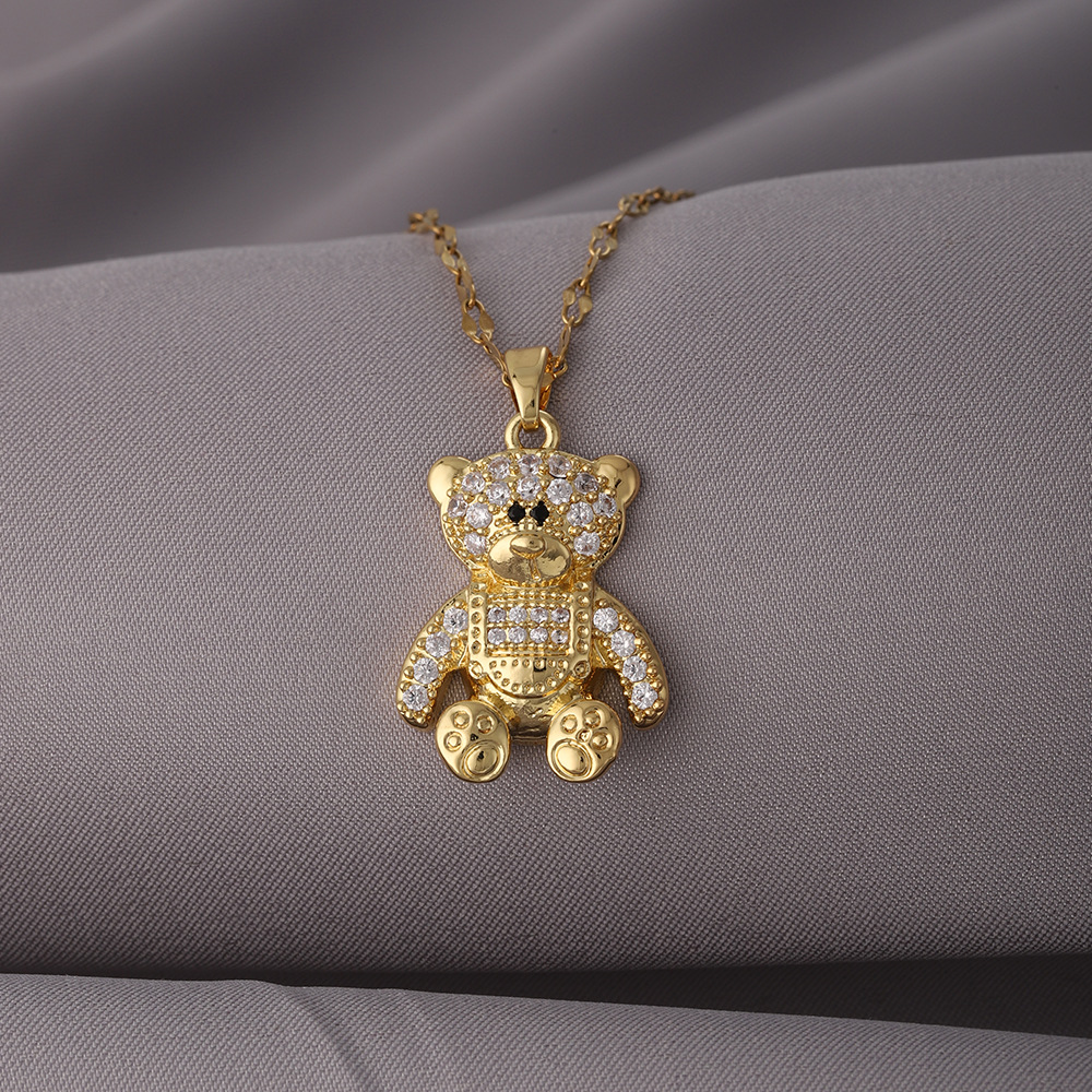 2025 Little Bear Titanium Steel Micro-Inlaid Necklace Women's Pendant Fashion Commuting Copper Accessories Wholesale Casual Feeling Does Not Lose Diamonds