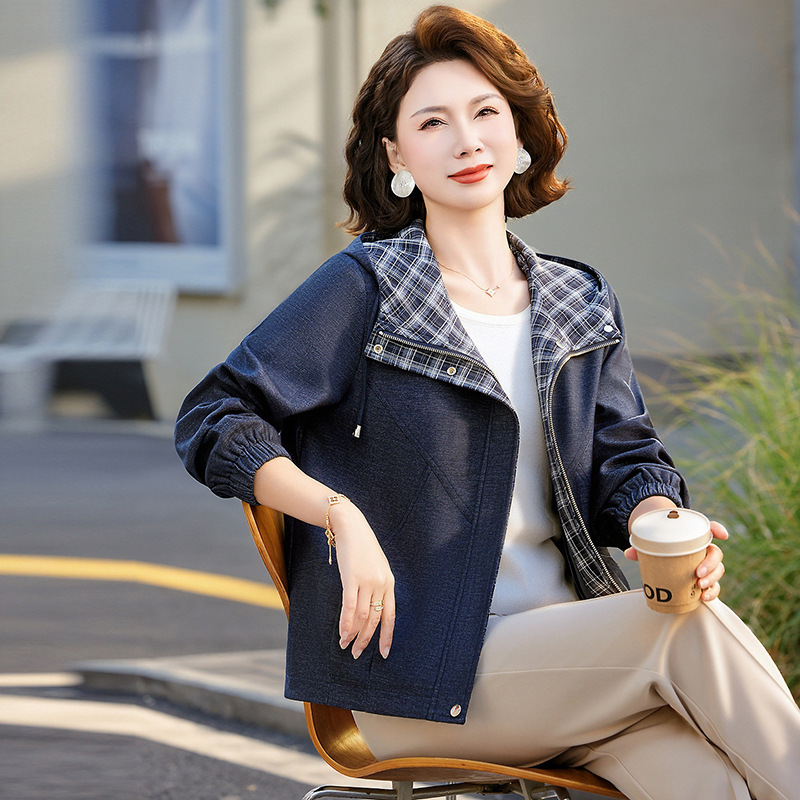 Trendy Early Spring Jacket for Moms, Fashionable and Age-Reducing, Plaid Jacket for Middle-Aged Women, Hooded Coat for Older Women Trendy Early Spring Jacket for Moms, Fashionable and Age-Reducing, Plaid Jacket for Middle-Aged Women, Hooded Coat for Older Women