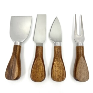 Stainless Steel Cheese Knife and Fork Four-piece Acacia Wooden Handle Baking Pizza Cake Shovel Cheese Cream Butter Knife and Fork