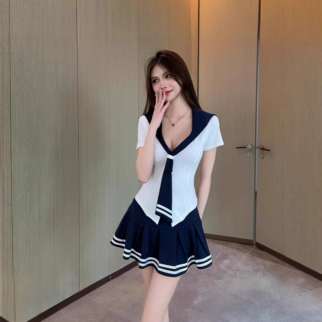 Сладкий уменьшенной возраст, топы с морским воротником, женский осенний тонкий с длинными рукавами, нижняя рубашка, талия с короткими рукавами, тонкая юбка