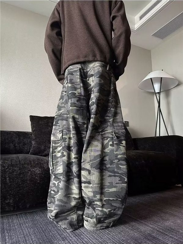 美式复古水洗迷彩阔腿工装裤男高街潮牌百搭反穿设计感弯刀牛仔裤|undefined