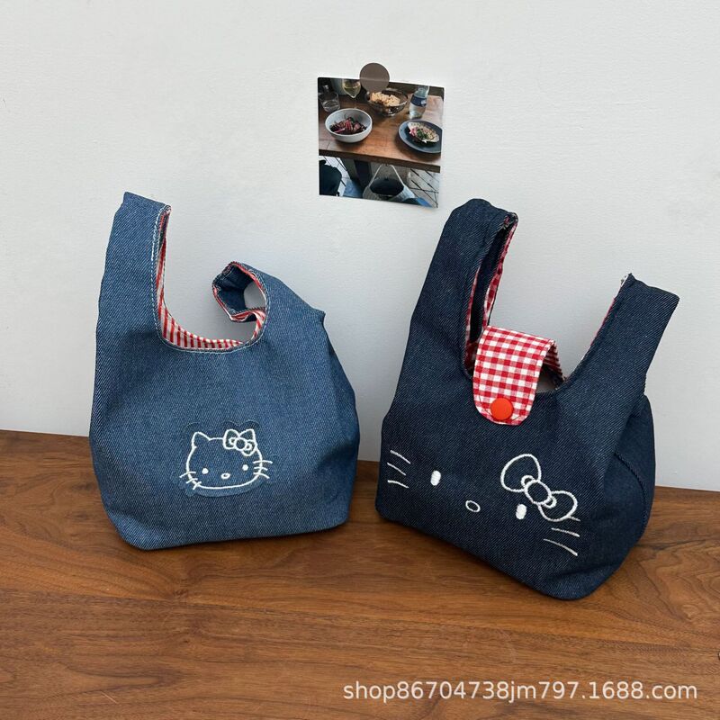 Cute New Denim Kitty Commuter Embroidered Bag Portable Storage Outing Contrasting Color Handheld Small Bag Cute New Denim Kitty Commuter Embroidered Bag Portable Storage Outing Contrasting Color Handheld Small Bag