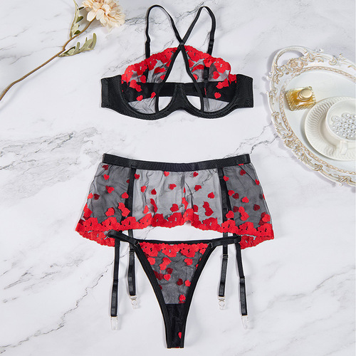 European and American cross-border sexy lingerie embroidered three-piece lace pajamas sexy temptation see-through passion uniform for women