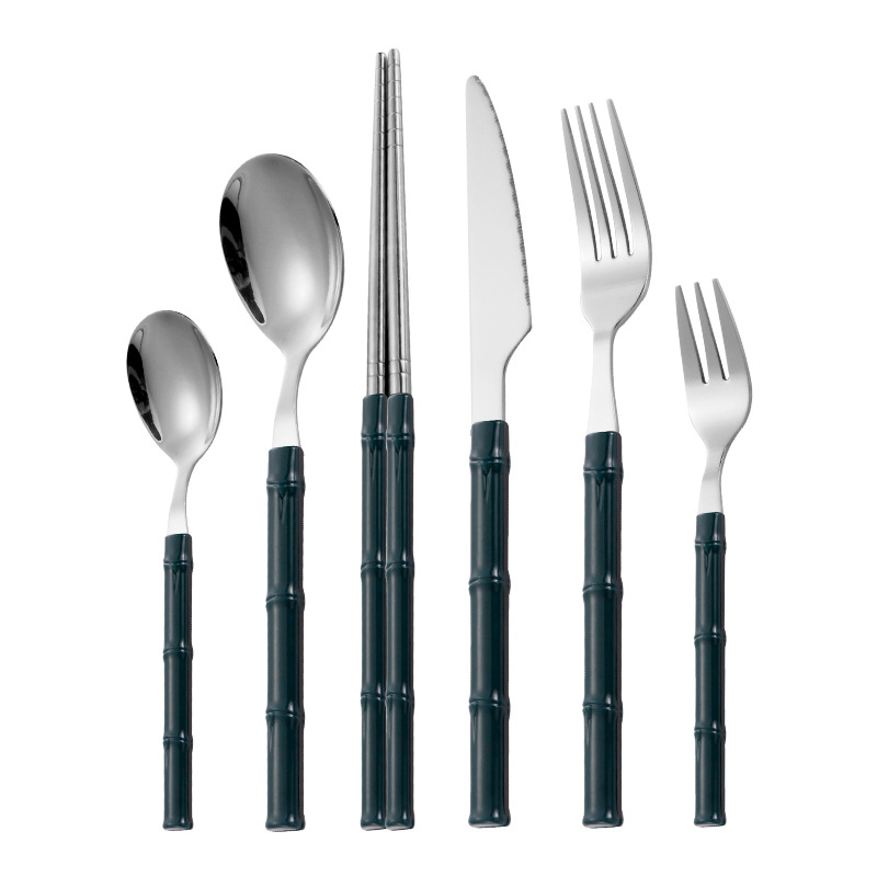 Cuchillo de acero inoxidable, tenedor y cuchara Hotel creativo vajilla occidental cuchillo de filete, tenedor y cuchara Palillos de bambú de imitación transfronteriza