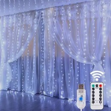跨境3*3米led8功能遥控铜线窗帘灯串 USB音乐声控窗帘灯装饰彩灯