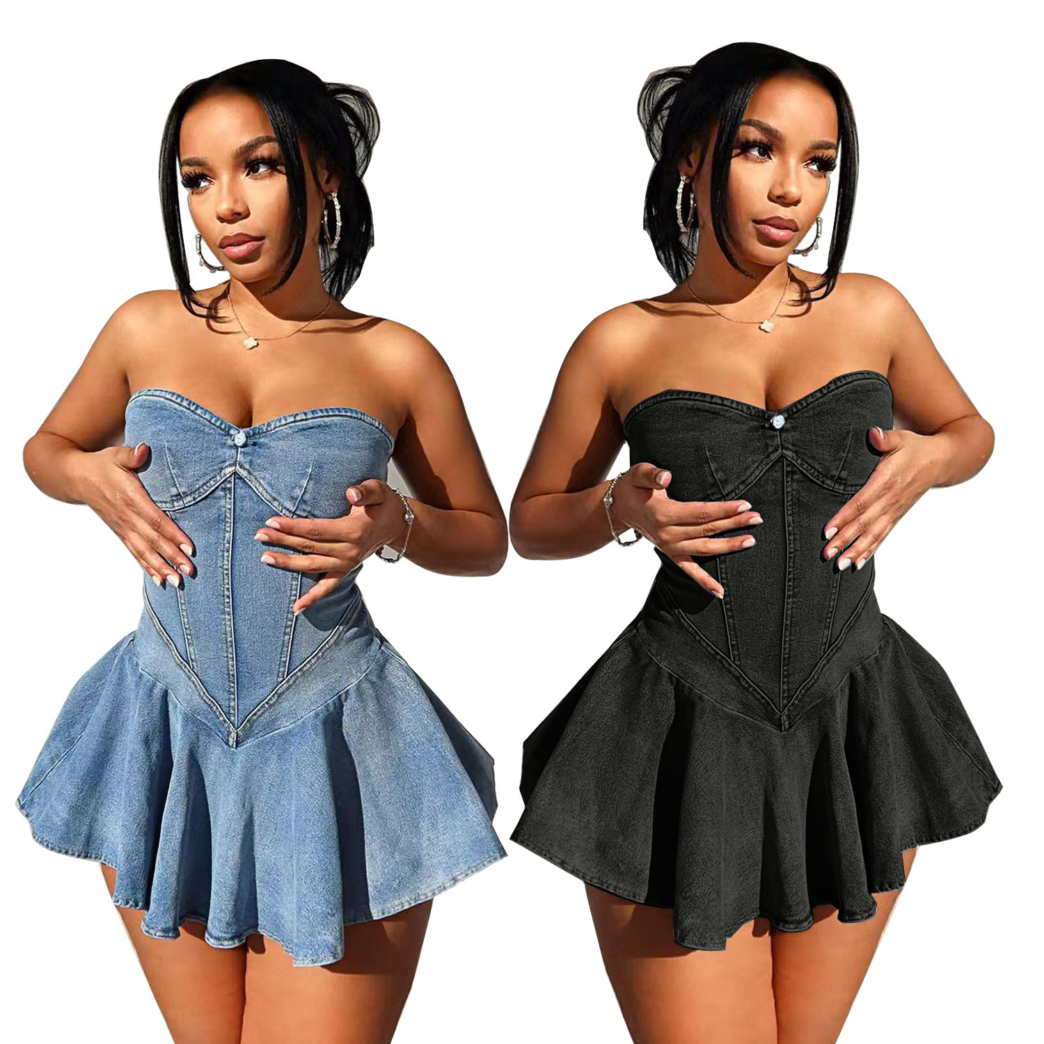 Women's Sleeveless Bust Denim Mini Dress Sexy Hot A-Line American Style Fashion Temperament Dress For Girls_ecoleips.com