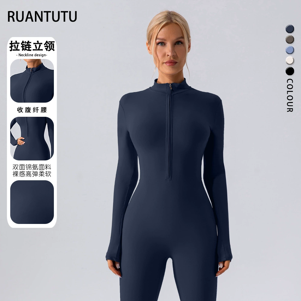 Европейские и американские молнии голые длинные рукава йога модная одежда женская стройная фитнес-тренировка танцевальная униформа модные колготки