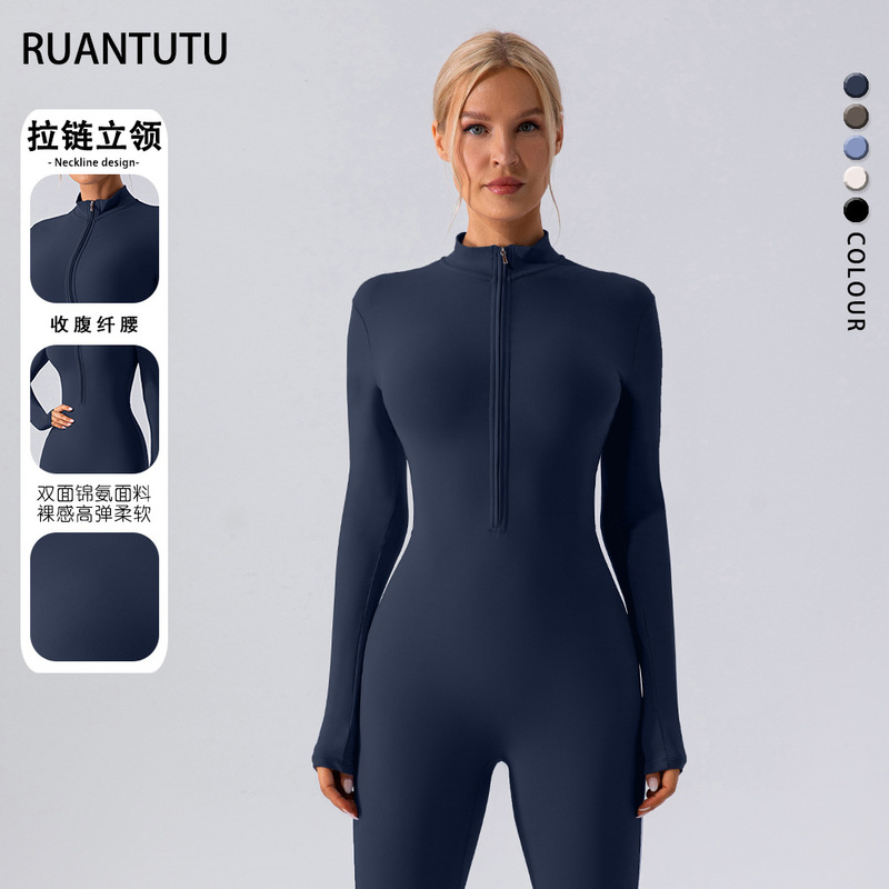 European and American Style Zippered Long-Sleeve Yoga Fashion Outfit for Women, Slim-Fit Fitness Training One-Piece Bodysuit