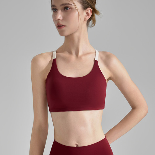 Women's Summer New Item Strappy Contrast Sports Bra Cross Back Short Fitness Bra Shockproof Yoga Top