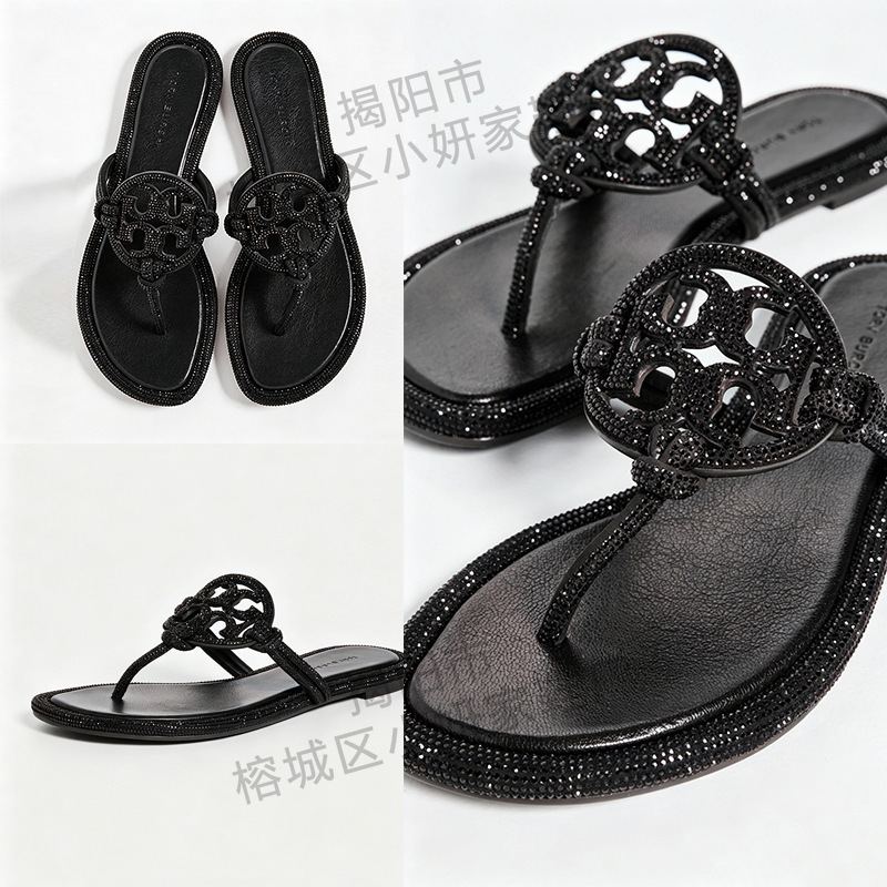 Tb Women's Rhinestone Flip-Flops 2026 Summer Cross-Border Foreign Trade Hot-Selling Leather Sandals Wholesale Slippers