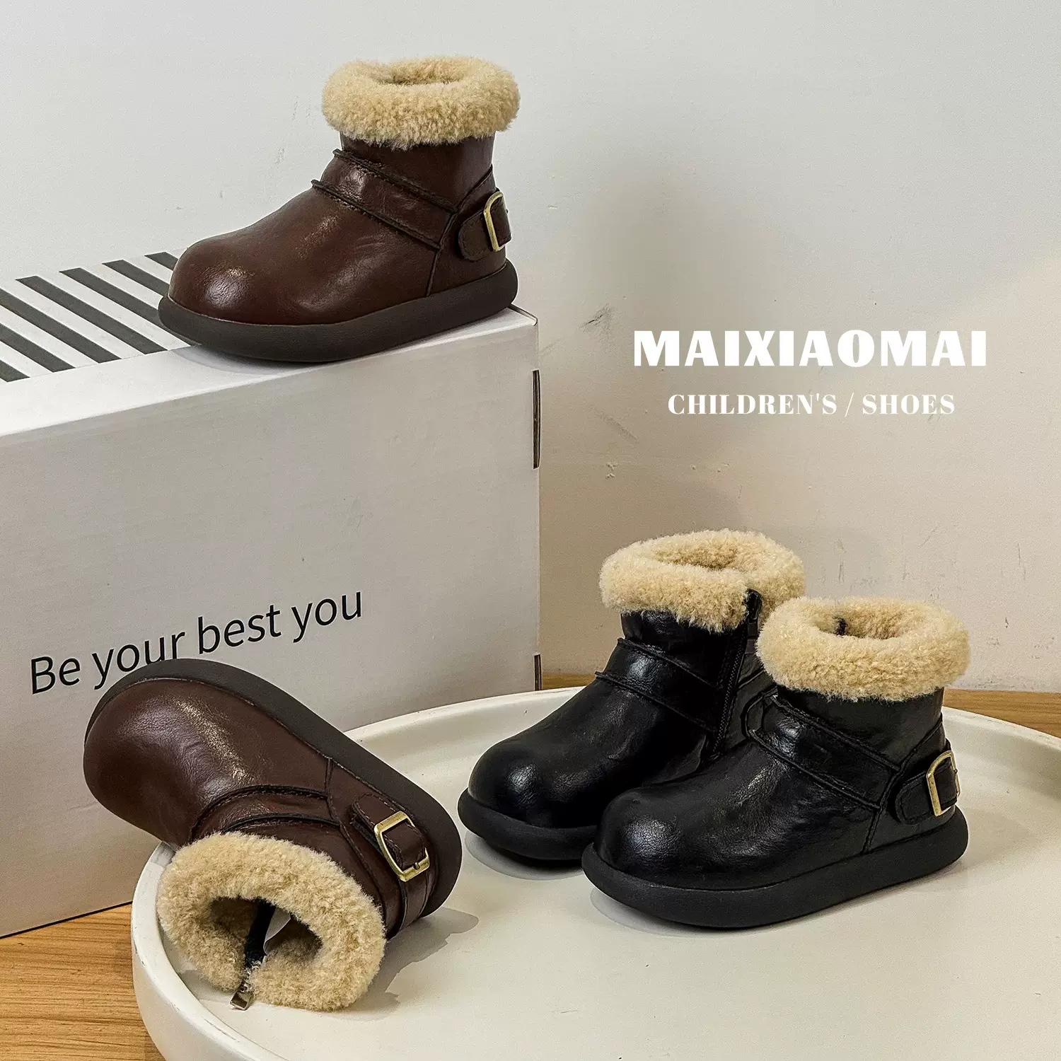 迈小迈2025年冬季新款儿童韩版短靴复古皮带扣加绒羊羔毛小皮靴