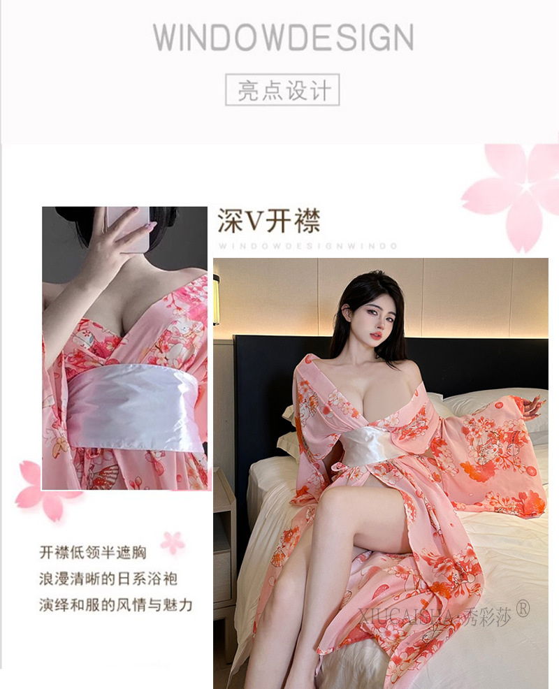 Pink Cherry Blossom Sheer Chiffon Kimono Robe, Japanese-Style Lingerie Cover-up, One Size — detail image 5