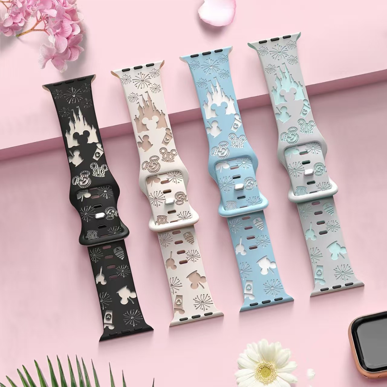 Suitable for Applewatchs11 Apple Cute Laser Engraving Strap Two-Color Engraving Castle Butterfly Buckle 46 Silicone