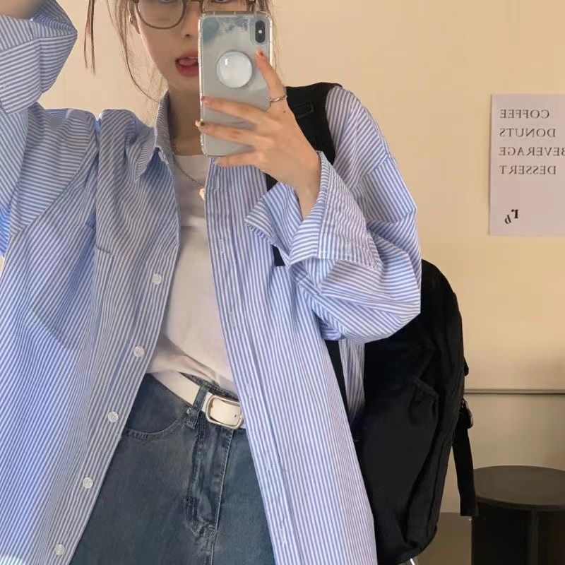 Women's Spring and Autumn Striped Long-Sleeve Shirt, New Sun Protection Loose BF Style Loose Medium-Length Striped Versatile Outerwear