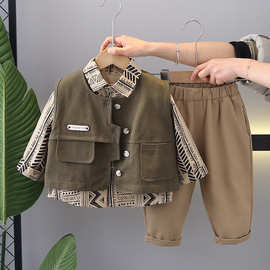 五小七童装2024春秋款新款0-5岁男童女童工装纽扣马甲衬衫裤子套