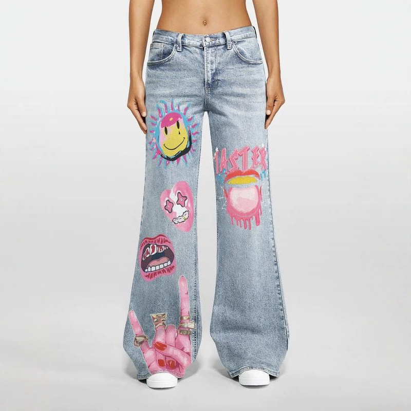 European and American Cross-Border Vintage-Style Hot Girl Washed Distressed Wide-Leg Jeans with Whiskers, Fashionable Low-Waist Denim Pants for Women