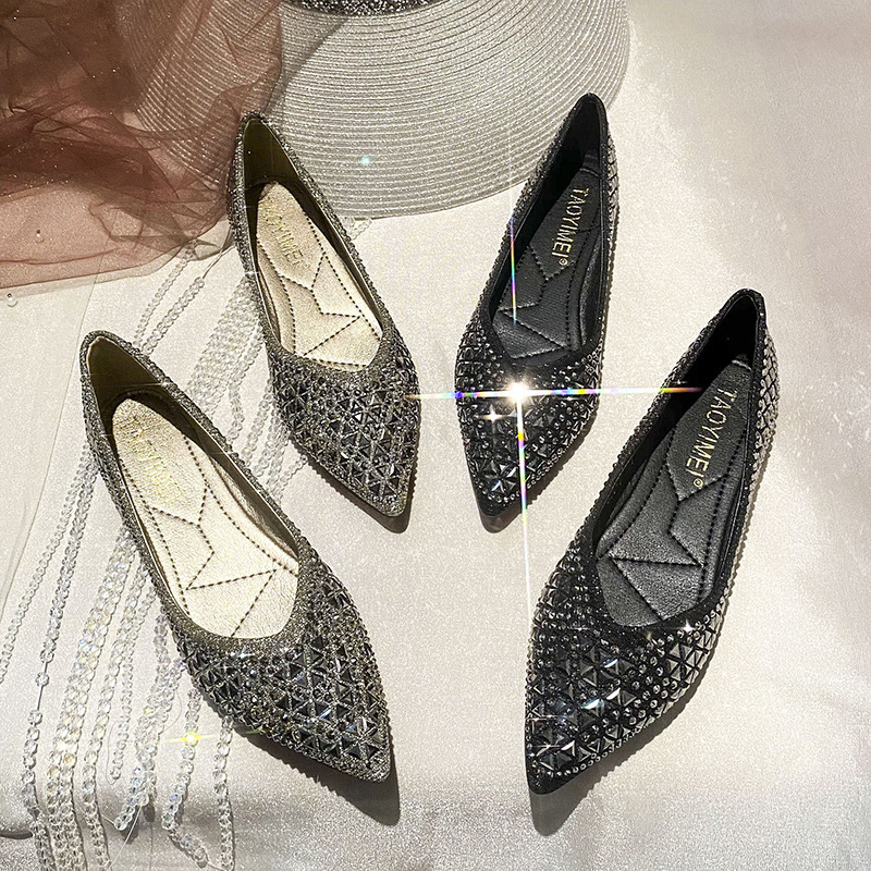 Pointed Toe Flats Shoes for Women 2024 Summer New Style Shallow Rhinestone Elegant Versatile Soft Surface Inner Heightening Comfortable Women's Shoes