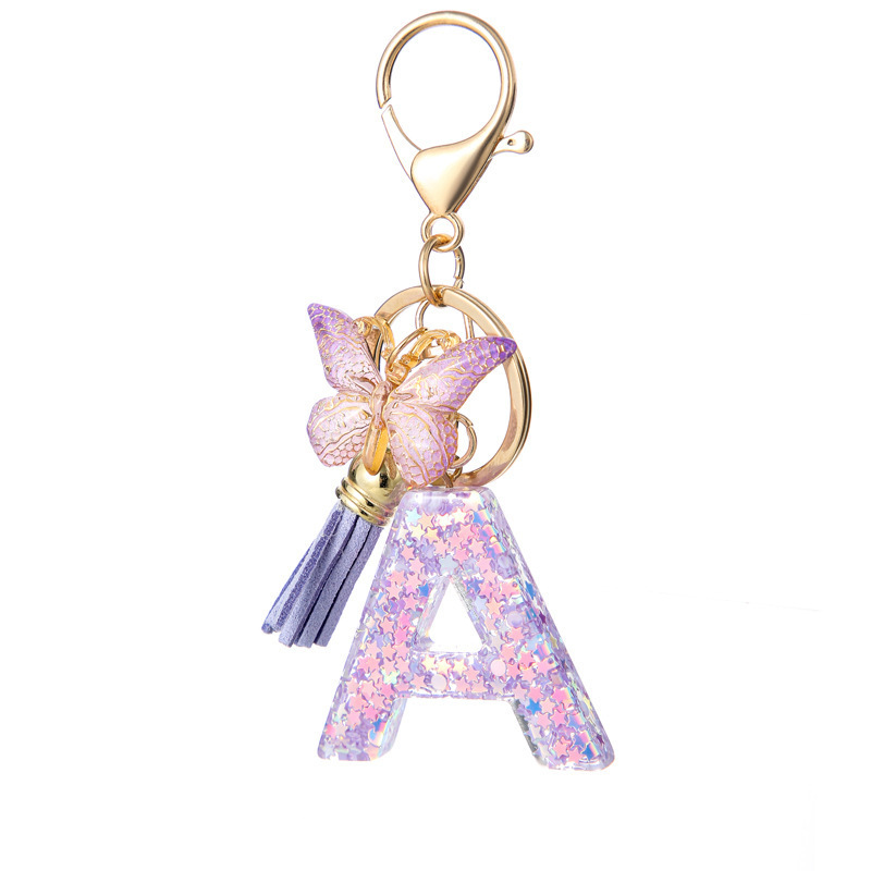 Popular in foreign trade: 26-letter resin keychain, purple butterfly key pendant, tassel bag decoration, pendant