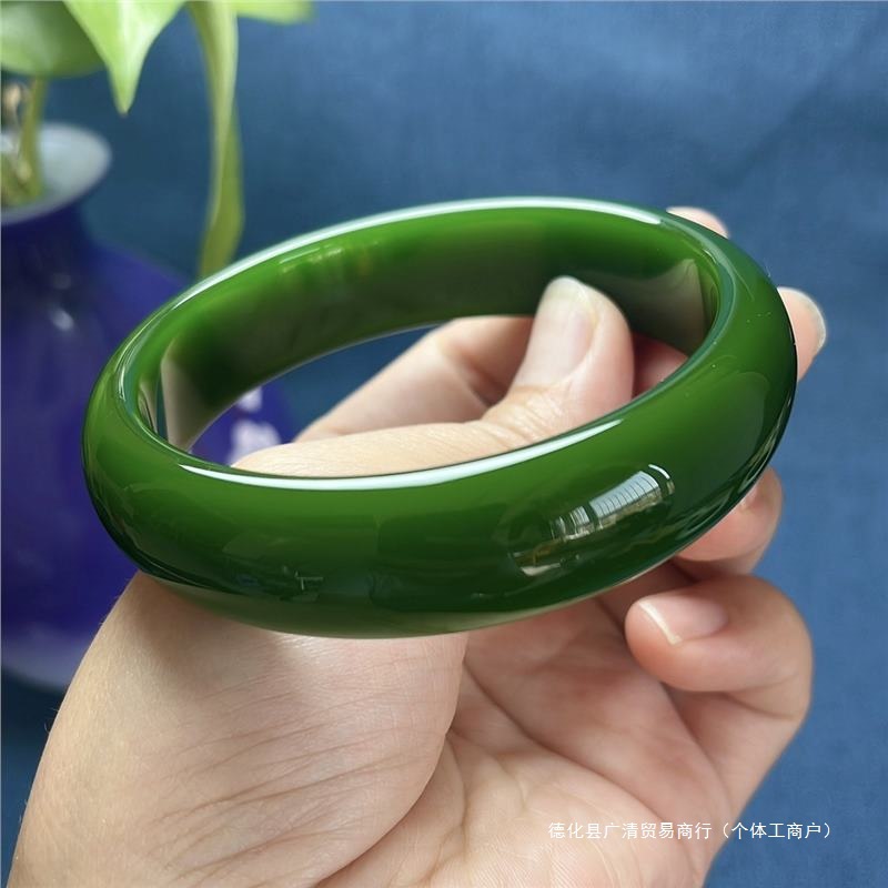 广清和田玉碧玉手镯俄罗斯碧玉无黑点菠菜绿女款粗条玉石礼品处理