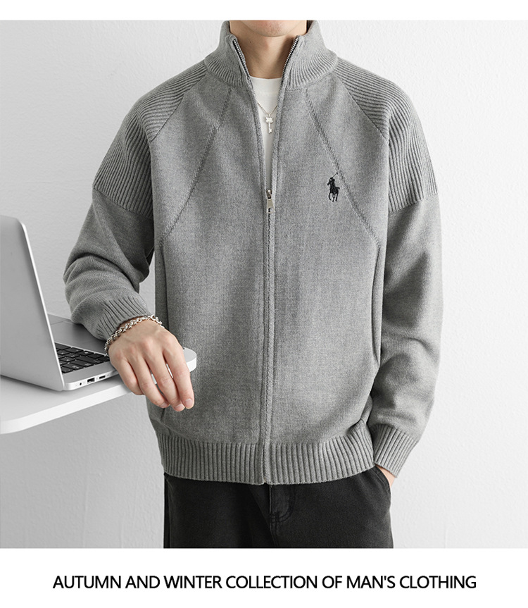 Gilet cardigan homme à double fermeture éclair, logo équitation tendance, col montant, maille haut de gamme, style business_voghion.com