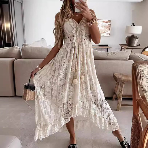 Summer European and American Lace Strappy Maxi Dress Gown in Solid Color