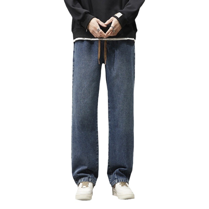 Otoño e invierno nuevos pantalones vaqueros retro de los hombres de la cintura elástica de encaje Pantalones rectos sueltos de los hombres de la calle versátil pantalones de pierna ancha