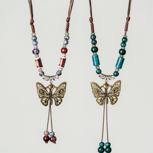 Jingdezhen Ceramic Jewelry Butterfly Wool Chain Long Necklace Clothes Pendant Long All-match Ethnic Women