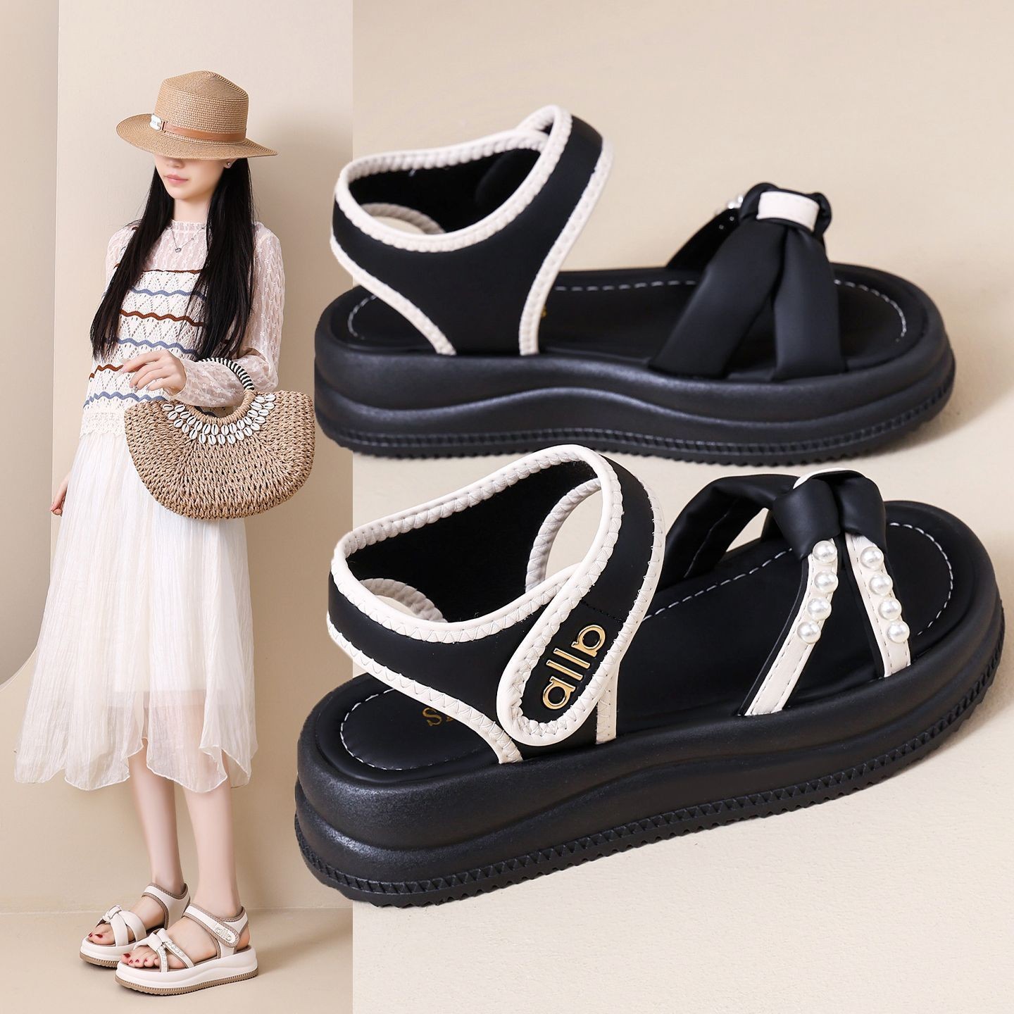 Sandalias de velcro gruesas para usar 2026 verano nueva moda versátil de hadas estilo romano zapatos de playa casuales para mujeres