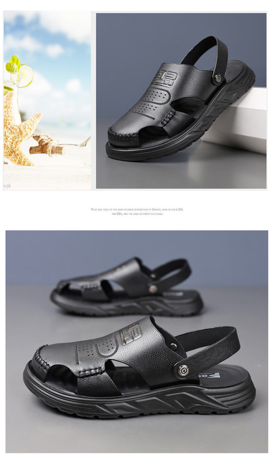 Dép sandal nam bít mũi da bò lớp đầu đế dày thoáng khí gót 3 cm — Màu nâu, Màu đen chi tiết 20
