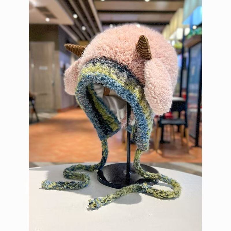 韩版可爱小羊毛绒帽子女秋冬季保暖绑带针织护耳帽百搭套头雷锋帽|undefined