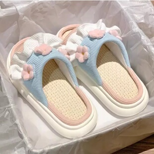 Linen Slippers Women's Summer Indoor Home Cotton Linen Spring and Autumn Women's Cute Anti-Slip New Office