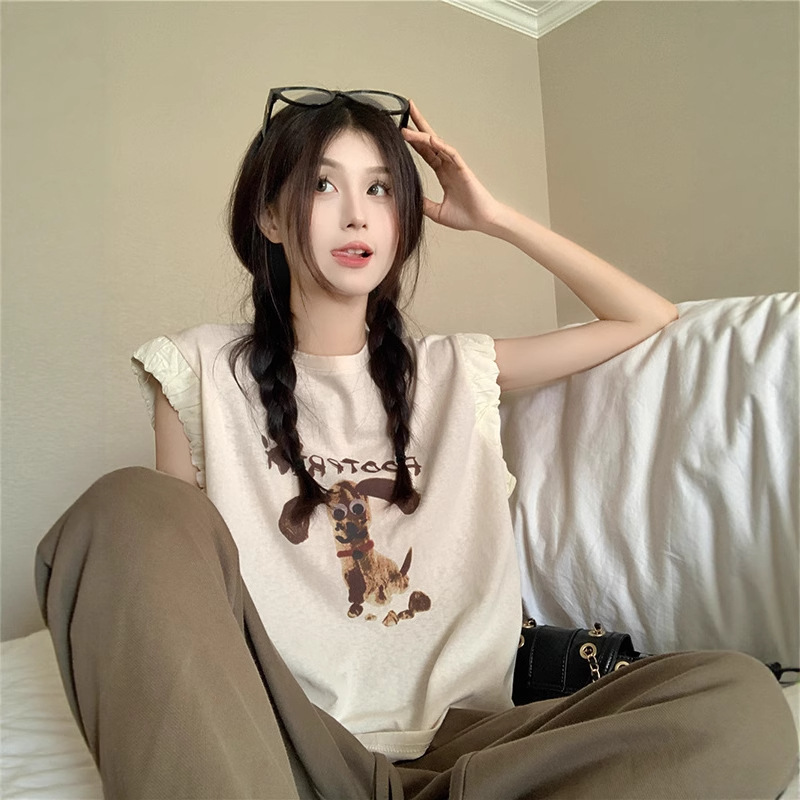 American Retro Puppy Print Sleeveless Vest T-Shirt for Women Summer New Slim and Loose Outer Wear Small Flying Sleeve Top