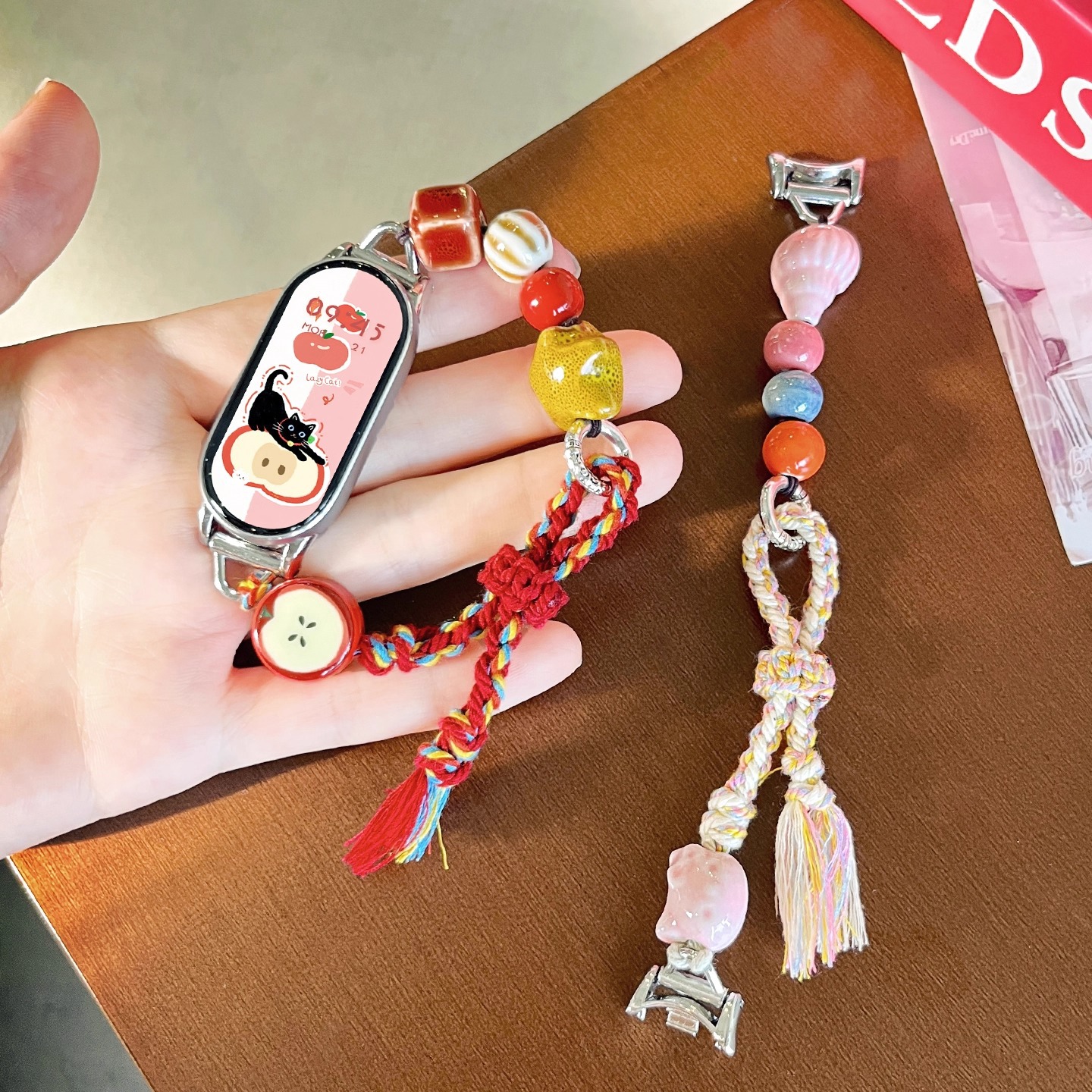 Suitable for Xiaomi Mi Band 10 Strap 9 New Green and Red Apple Beaded Drawstring Wristband 8 Summer Pink Conch Female