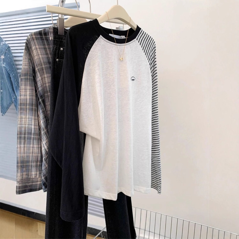 Plus-Size Chic Patchwork Striped Color-Block Long-Sleeve Top for Women Spring and Autumn Slimming T-Shirt Base Shirt
