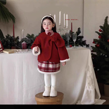 女童洋气冬装套装宝宝小香风红色毛呢外套格子半身裙宝宝拜年衣服