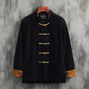 Autumn and Winter new Chinese style men's velvet cardigan Tang suit coat new Chinese style wear retro buckle top