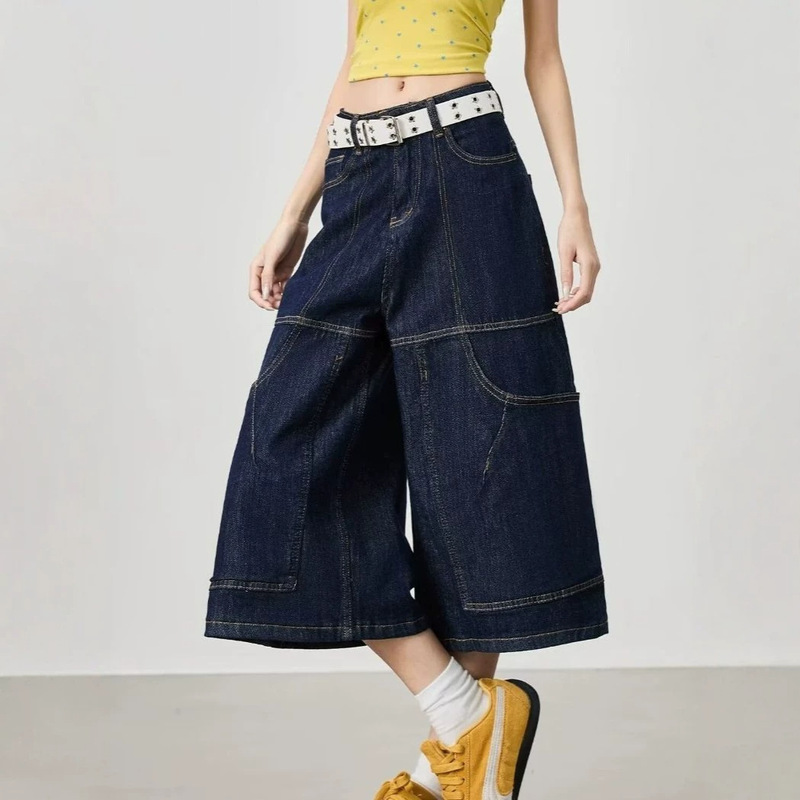 Summer Plus-Size American Retro Casual Trendy Brand Washed Vintage Loose Wide-Leg Cropped Denim Shorts with Side Pockets Summer Plus-Size American Retro Casual Trendy Brand Washed Vintage Loose Wide-Leg Cropped Denim Shorts with Side Pockets