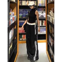 美式高街黑色三条杠工装裤女夏季薄款宽松直筒垂感休闲拖地阔腿裤