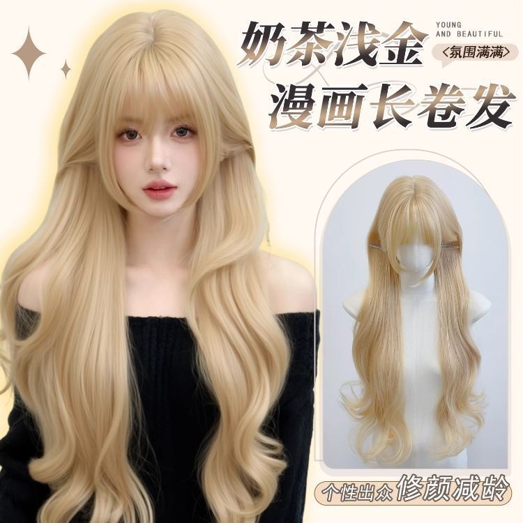 Platinum Wig for Women with Long Curly Hair, Natural Light Blonde, Atmospheric Long Curly Hair, Comic Bangs, Full Headband Wig