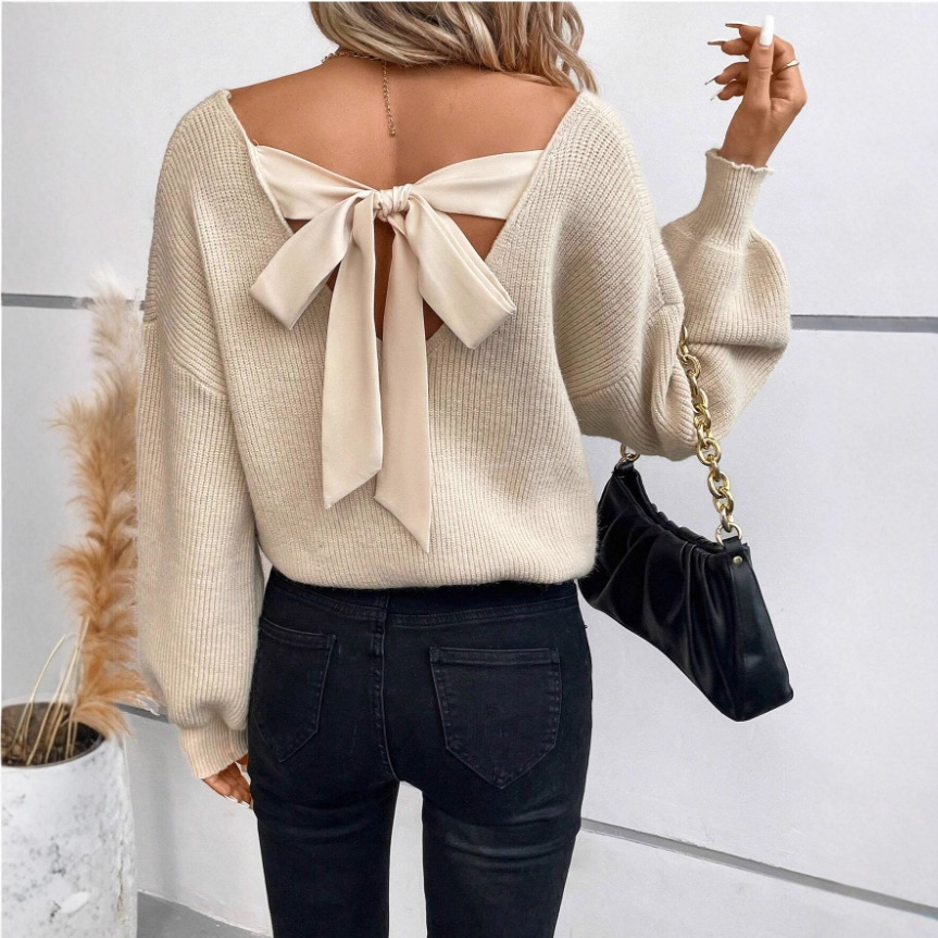 欧美跨境女装v领纯色毛衣秋季新款长袖休闲宽松背后蝴蝶结上衣女