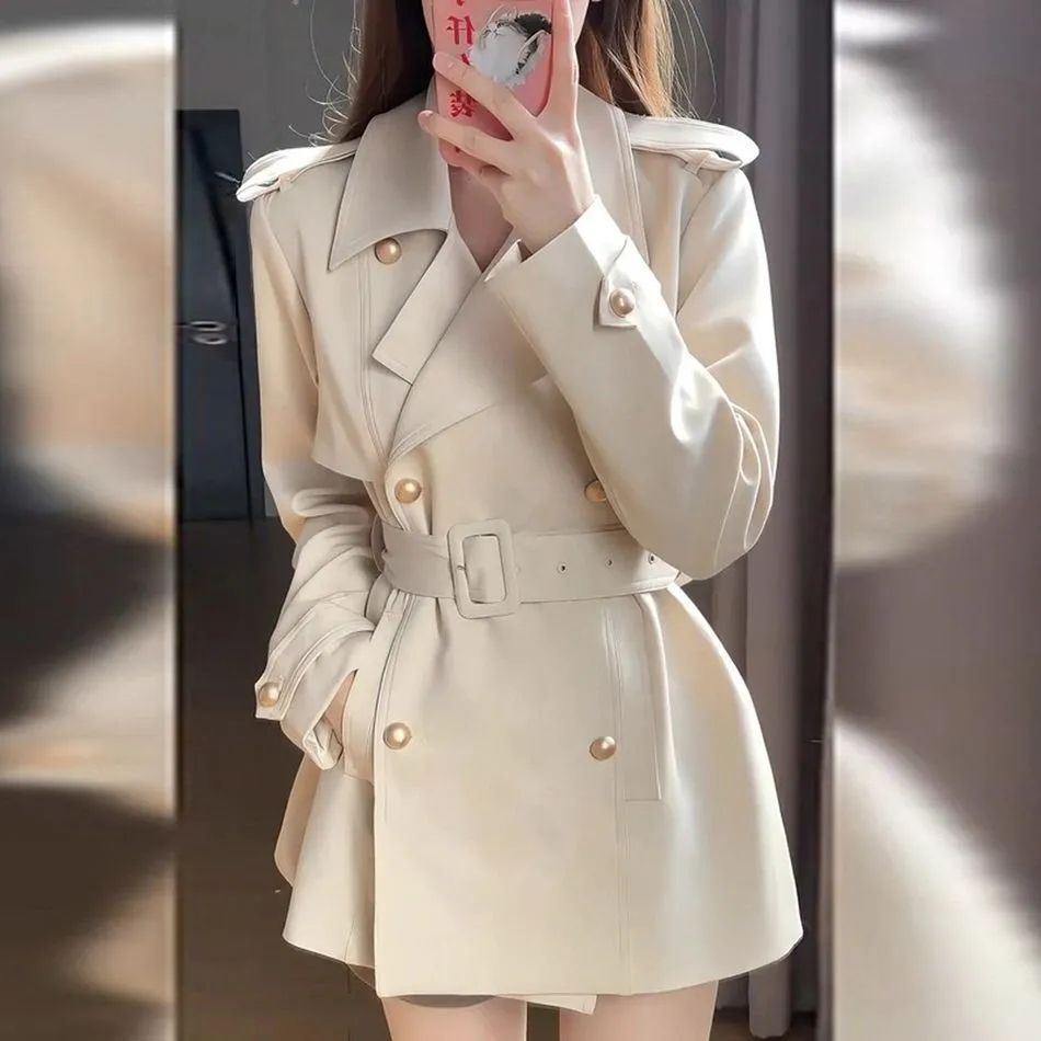 2025 Spring and Autumn Mid-Length College British Style Trench Coat for Women, Internet Celebrity Hepburn Style Petite Streetwear Blazer Trend