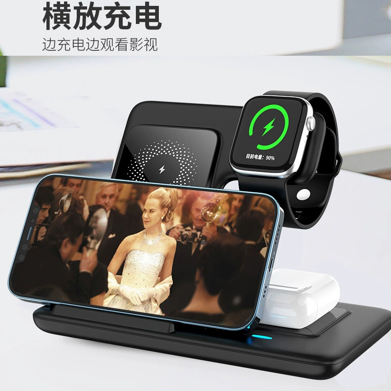Apple, Huawei, синхронизация с телефоном, совместимо с наушниками и часами, складной беспроводной держатель для телефона, зарядное устройство, три в одном