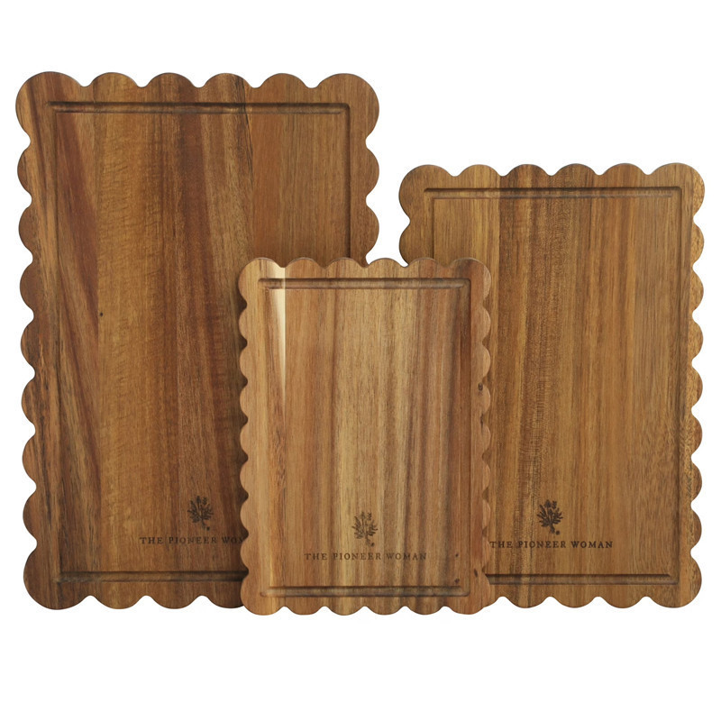 Cross-Border Acacia Wood Lace-Shaped Cutting Board with Handle, Three-Piece Set, Decorative Cutting Board, Wooden Deli Board, Suitable for Kitchen Chopping Board