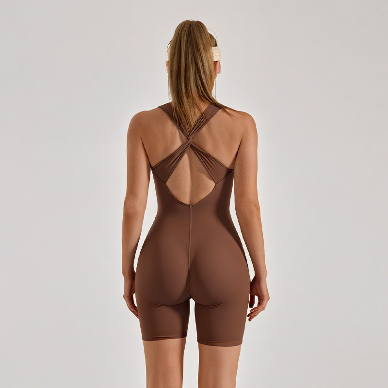 Mono ajustado con cuello en V y espalda cruzada, talla europea, para deporte y running, con almohadillas en el pecho.